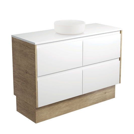 Reba Matte White, Crystal Amato 1200 Satin White Vanity, Scandi Oak Panels and Kick