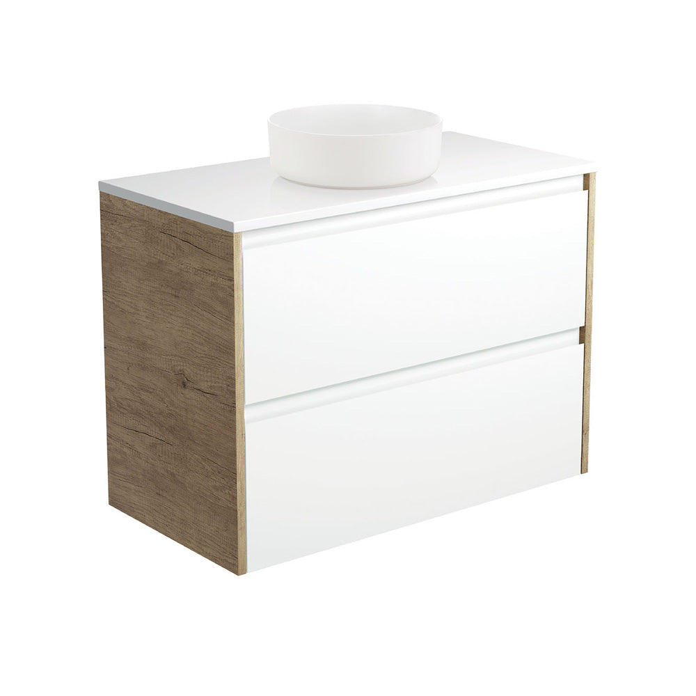 Reba Matte White, Crystal Amato 900 Satin White Vanity, Scandi Oak Panels, Wall Hung