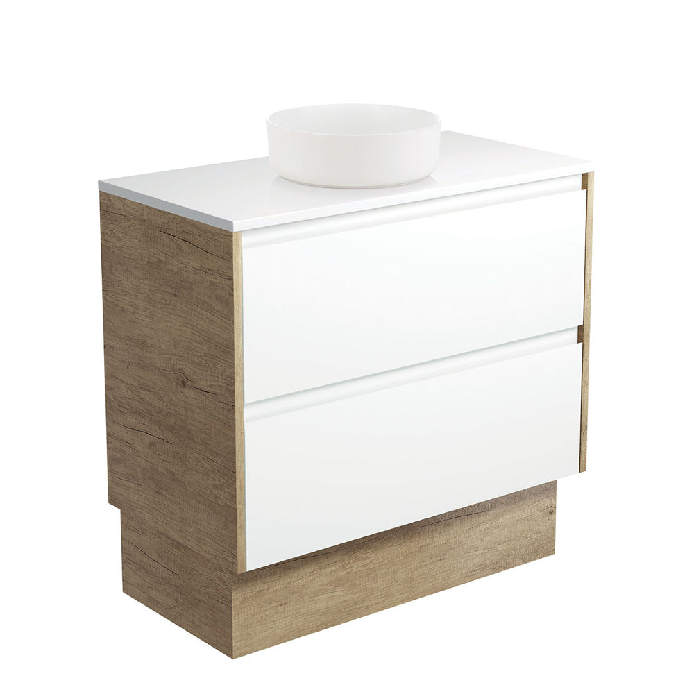 Reba Matte White, Crystal Amato 900 Satin White Vanity, Scandi Oak Panels and Kick