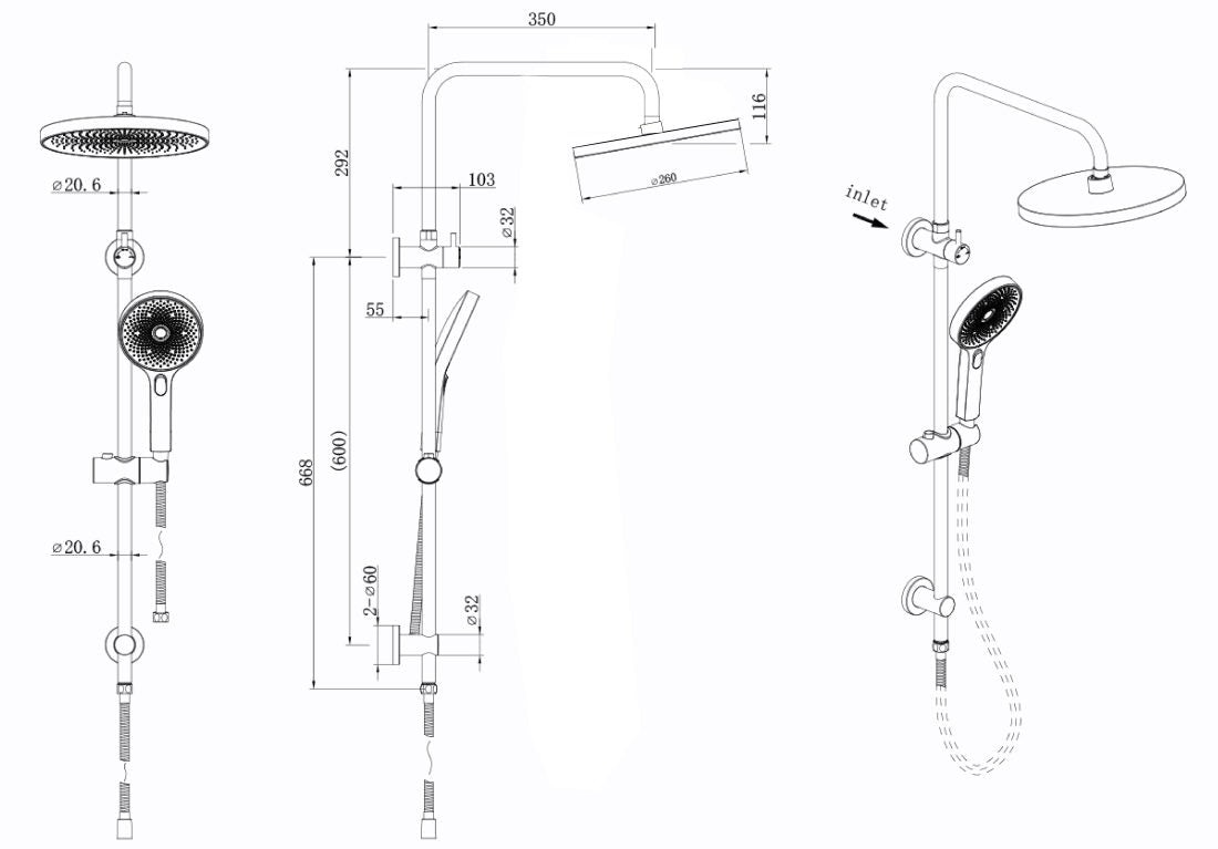 The Gabe Matte Black Twin Shower on Rail